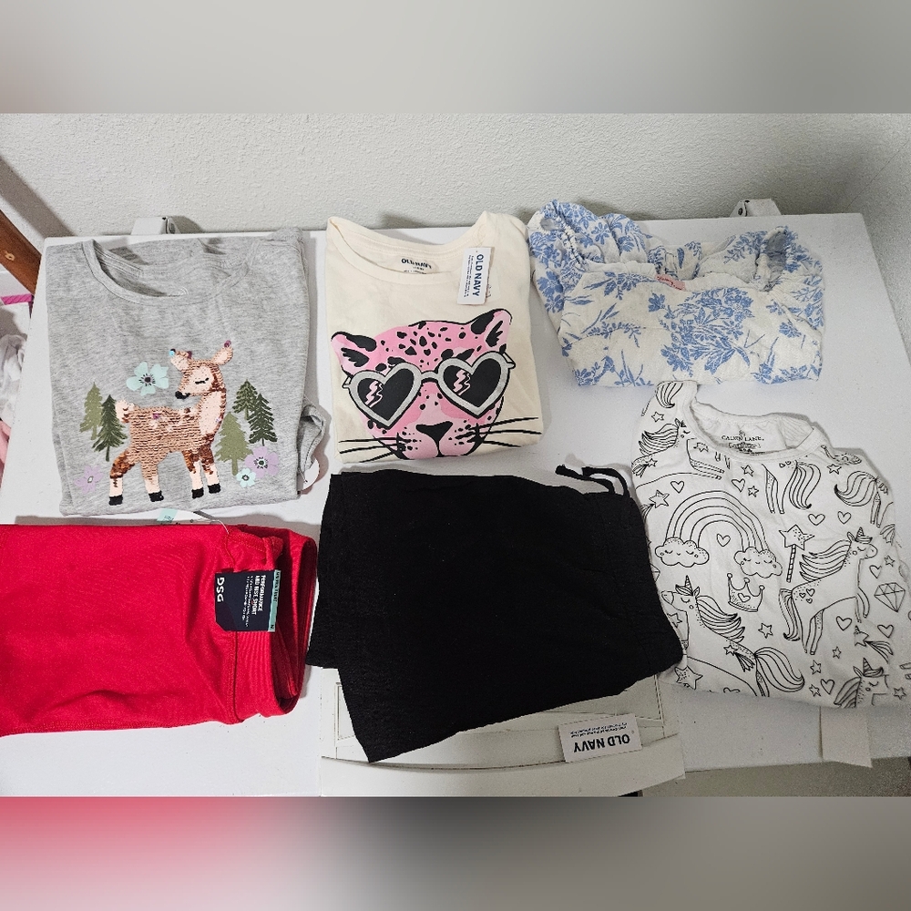 Lot Of Girls Tops (10-12) Red Shorts (10-12) And Black Skirt (8) And Pajama Top